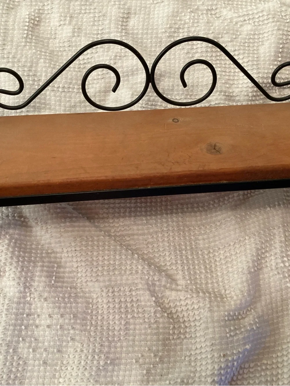 Vintage Wood Shelf with Decorative Black Metal Scroll Brackets